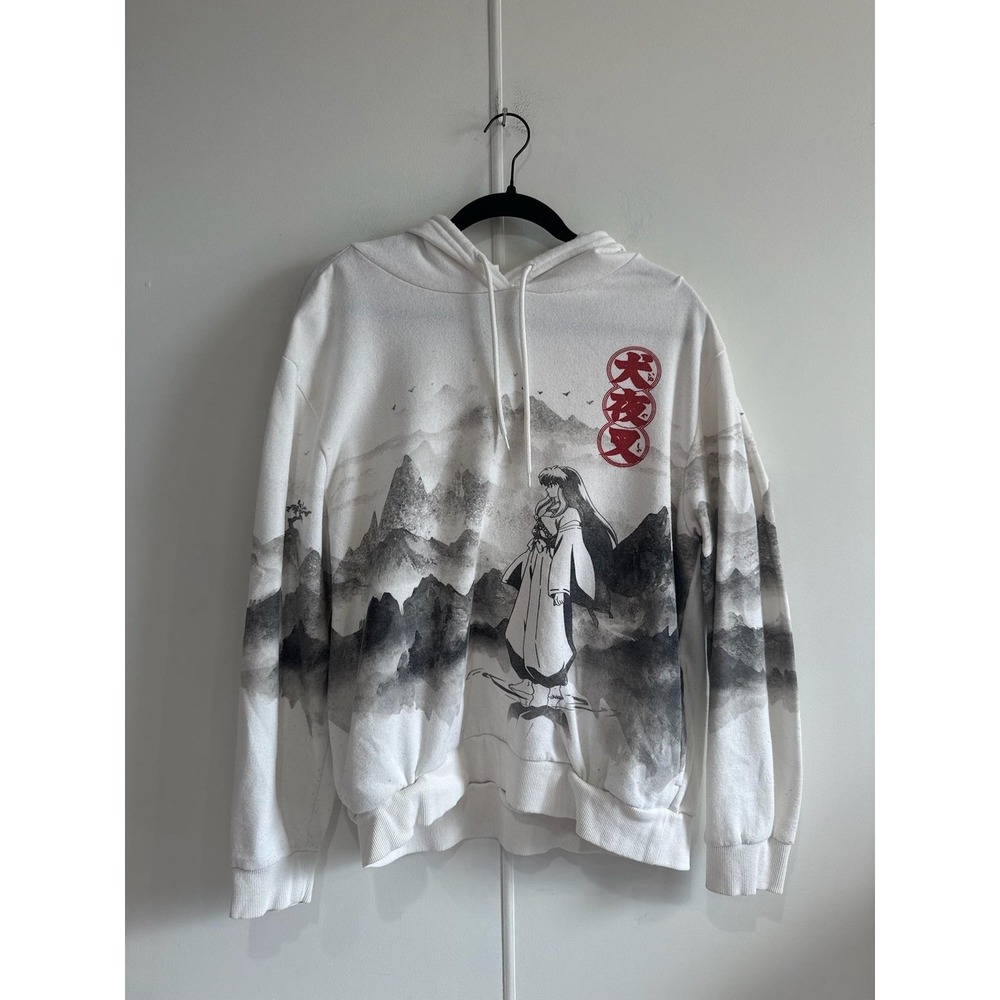 InuYasha Hoodie Mens‎ Large White Pullover Fleece Sesshomaru Anime Graphic